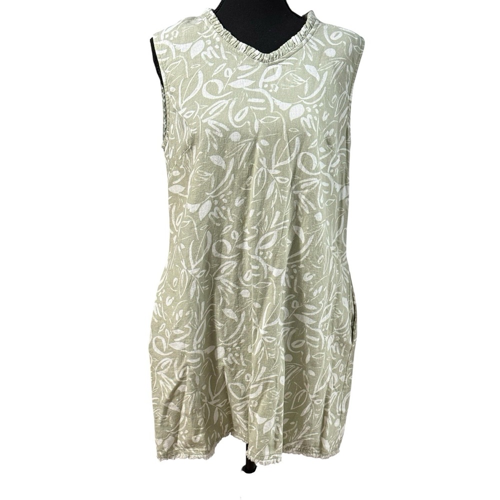 Linen Shift Dress Sleeveless Charlie Paige‎ Floral Print Sage/Natural Vaca SZ M